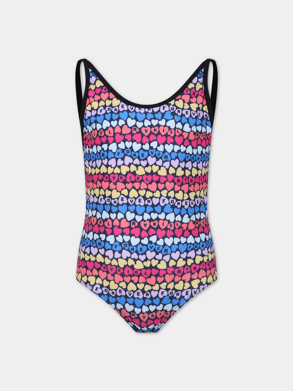 Multicolor one-piece swimsuit for girl with little hearts and all-over multicolor logo